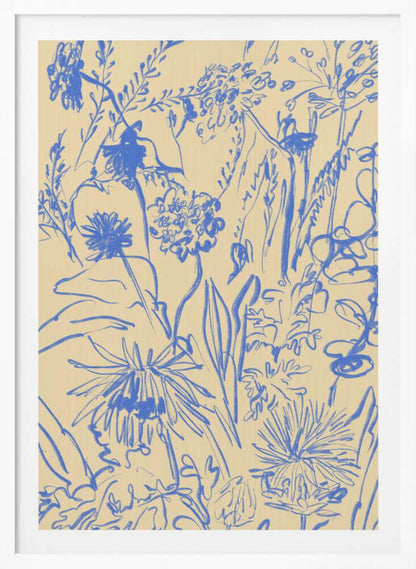 An expressive blue line drawing of various wildflowers and foliage on a beige background, enclosed in a simple black frame. The style is loose and sketchy, creating a dense and vibrant botanical composition. Decor