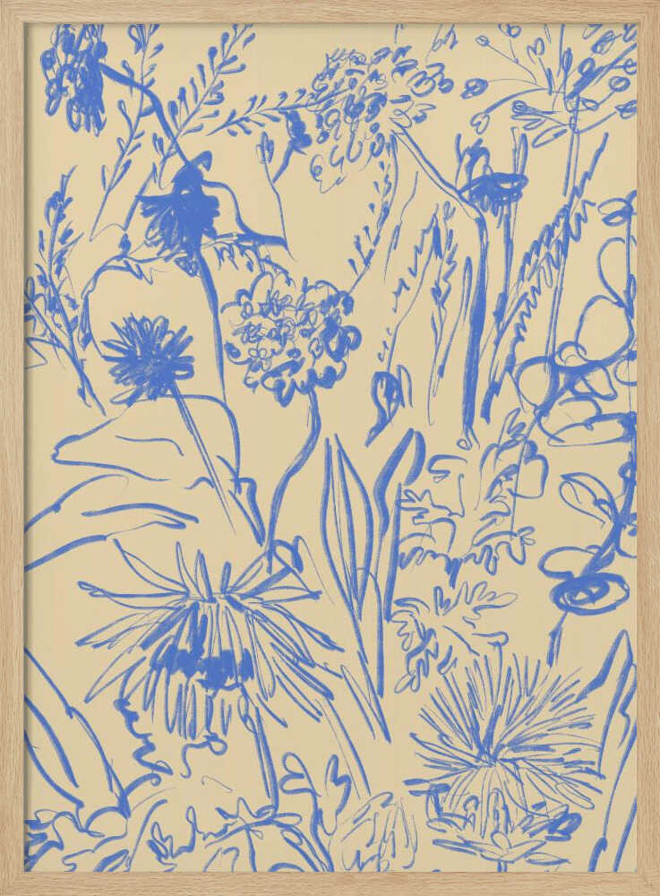 An expressive blue line drawing of various wildflowers and foliage on a beige background, enclosed in a simple black frame. The style is loose and sketchy, creating a dense and vibrant botanical composition. Decor