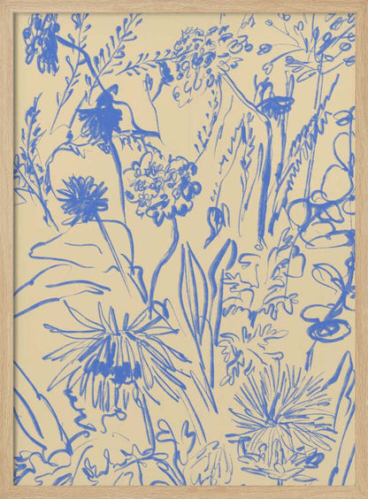 An expressive blue line drawing of various wildflowers and foliage on a beige background, enclosed in a simple black frame. The style is loose and sketchy, creating a dense and vibrant botanical composition. Decor