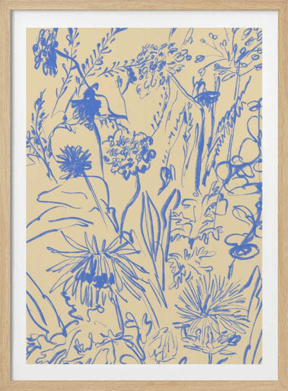 An expressive blue line drawing of various wildflowers and foliage on a beige background, enclosed in a simple black frame. The style is loose and sketchy, creating a dense and vibrant botanical composition. Decor