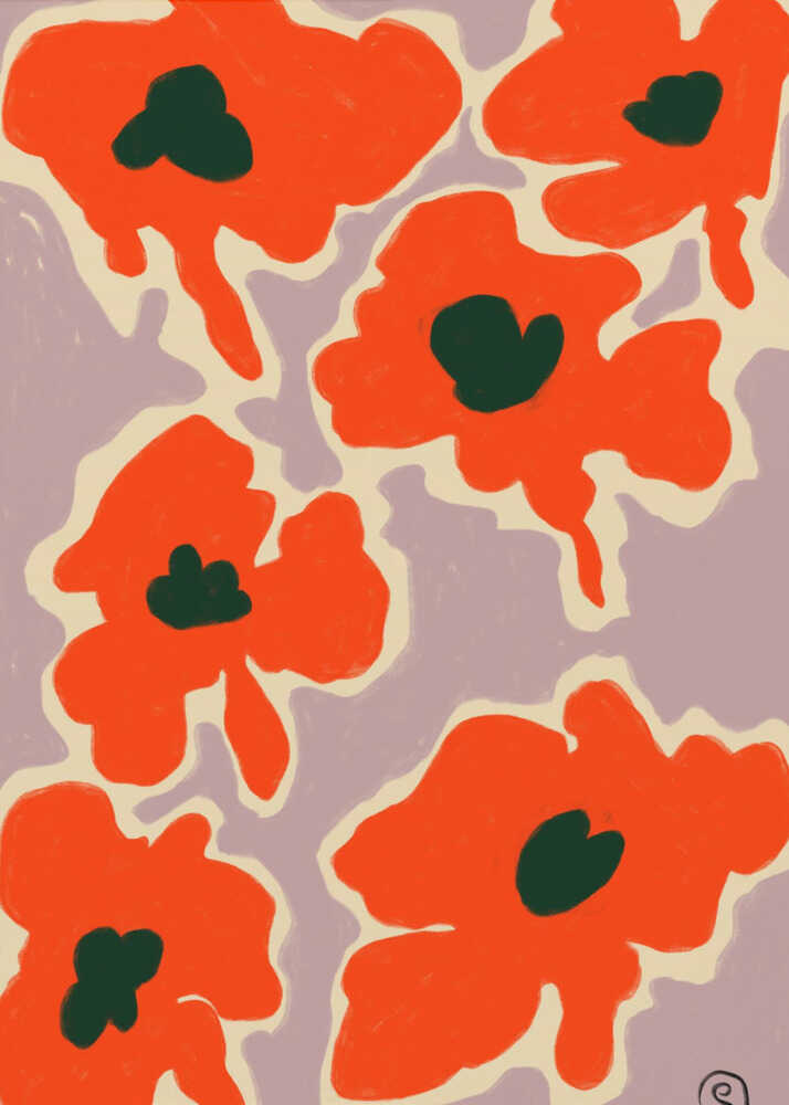 A framed art print depicting a pattern of large, stylized red-orange poppies with dark green centers against a pale lavender background. Each flower is outlined in a thick, cream-colored border, giving the piece a bold, modern, and graphic quality. Wall Art