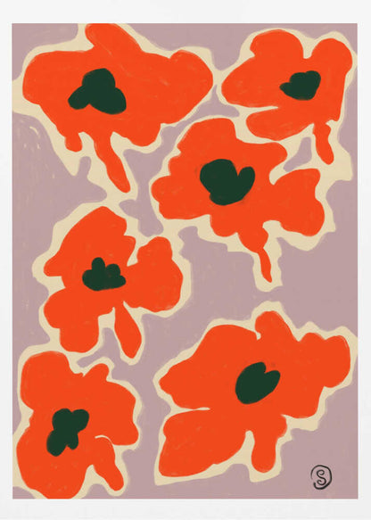 A framed art print depicting a pattern of large, stylized red-orange poppies with dark green centers against a pale lavender background. Each flower is outlined in a thick, cream-colored border, giving the piece a bold, modern, and graphic quality. Wall Art