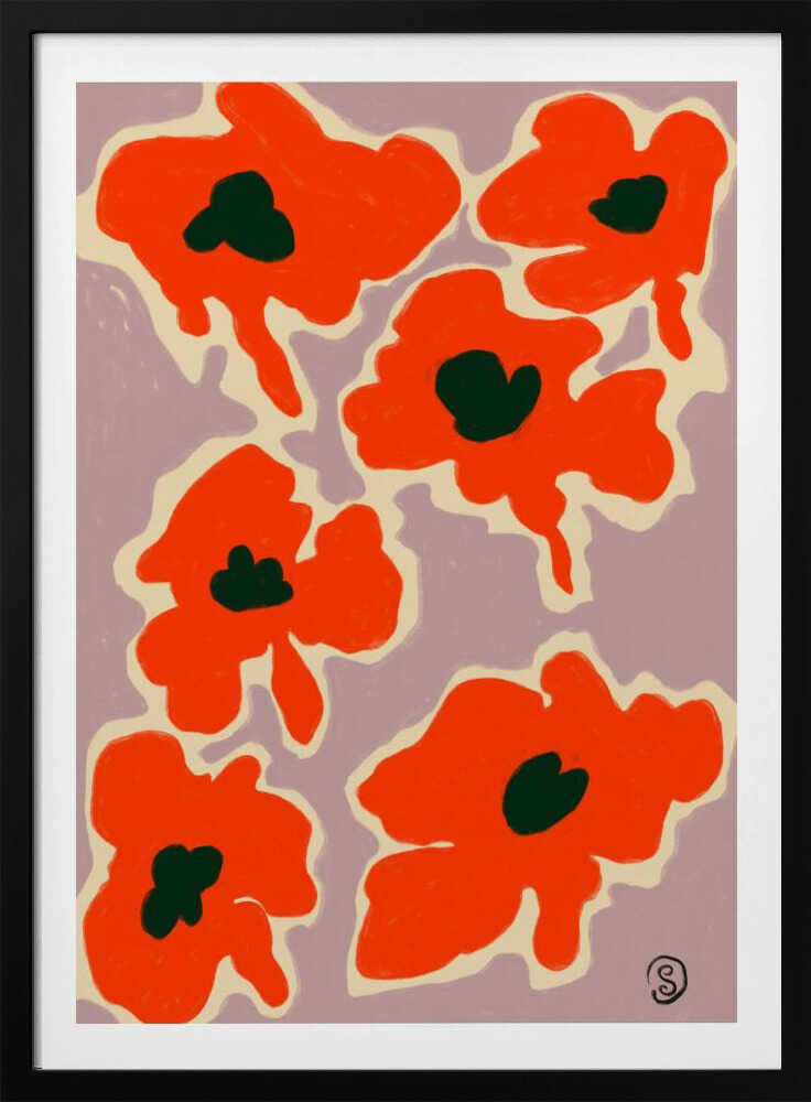 A framed art print depicting a pattern of large, stylized red-orange poppies with dark green centers against a pale lavender background. Each flower is outlined in a thick, cream-colored border, giving the piece a bold, modern, and graphic quality. Wall Art