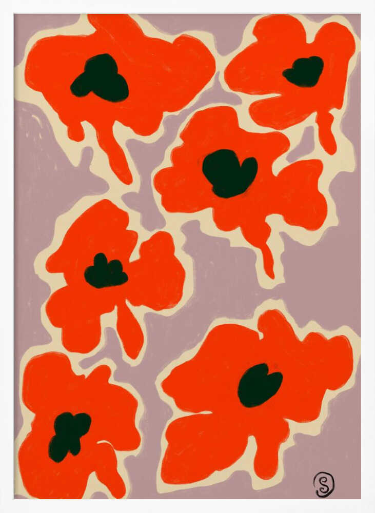 A framed art print depicting a pattern of large, stylized red-orange poppies with dark green centers against a pale lavender background. Each flower is outlined in a thick, cream-colored border, giving the piece a bold, modern, and graphic quality. Wall Art