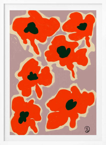 A framed art print depicting a pattern of large, stylized red-orange poppies with dark green centers against a pale lavender background. Each flower is outlined in a thick, cream-colored border, giving the piece a bold, modern, and graphic quality. Wall Art