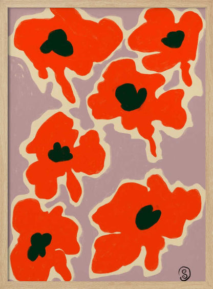 A framed art print depicting a pattern of large, stylized red-orange poppies with dark green centers against a pale lavender background. Each flower is outlined in a thick, cream-colored border, giving the piece a bold, modern, and graphic quality. Wall Art