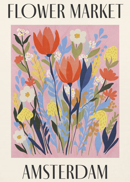 A vintage-style poster for the 'FLOWER MARKET AMSTERDAM'. The artwork features a vibrant illustration of various stylized flowers, including red tulips, white daisies, and yellow and blue foliage, set against a solid pink background. The text is in a black serif font, with 'FLOWER MARKET' at the top and 'AMSTERDAM' at the bottom, all enclosed by a cream-colored border and a simple black frame. Poster