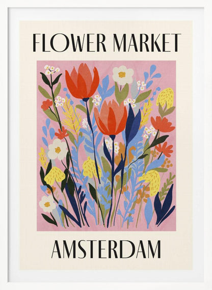 A vintage-style poster for the 'FLOWER MARKET AMSTERDAM'. The artwork features a vibrant illustration of various stylized flowers, including red tulips, white daisies, and yellow and blue foliage, set against a solid pink background. The text is in a black serif font, with 'FLOWER MARKET' at the top and 'AMSTERDAM' at the bottom, all enclosed by a cream-colored border and a simple black frame. Poster