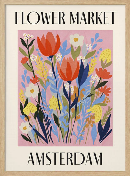 A vintage-style poster for the 'FLOWER MARKET AMSTERDAM'. The artwork features a vibrant illustration of various stylized flowers, including red tulips, white daisies, and yellow and blue foliage, set against a solid pink background. The text is in a black serif font, with 'FLOWER MARKET' at the top and 'AMSTERDAM' at the bottom, all enclosed by a cream-colored border and a simple black frame. Poster