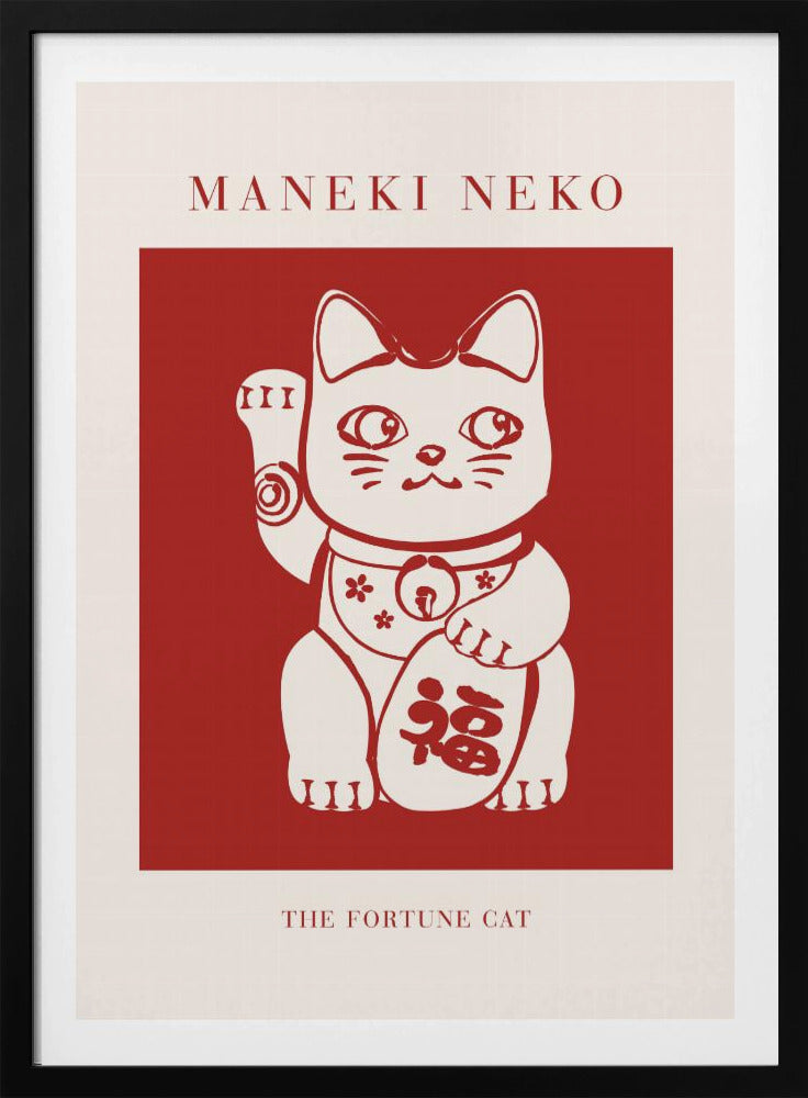 A minimalist graphic poster featuring a Japanese Maneki Neko, or fortune cat. The cat is cream-colored with red outlines, set inside a bold red square. The poster has a cream border with the text 'MANEKI NEKO' at the top and 'THE FORTUNE CAT' at the bottom, all enclosed in a thin black frame. Wall Art