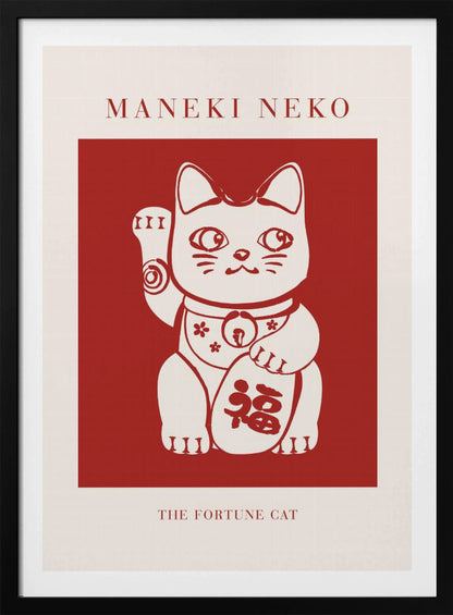 A minimalist graphic poster featuring a Japanese Maneki Neko, or fortune cat. The cat is cream-colored with red outlines, set inside a bold red square. The poster has a cream border with the text 'MANEKI NEKO' at the top and 'THE FORTUNE CAT' at the bottom, all enclosed in a thin black frame. Wall Art
