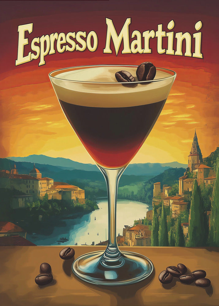 A vintage-style poster advertising an 'Espresso Martini'. In the foreground, a martini glass filled with the dark cocktail is garnished with coffee beans. The background features a scenic European landscape with a river and village against a vibrant orange and red sunset sky. Poster