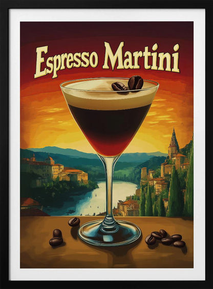 A vintage-style poster advertising an 'Espresso Martini'. In the foreground, a martini glass filled with the dark cocktail is garnished with coffee beans. The background features a scenic European landscape with a river and village against a vibrant orange and red sunset sky. Poster