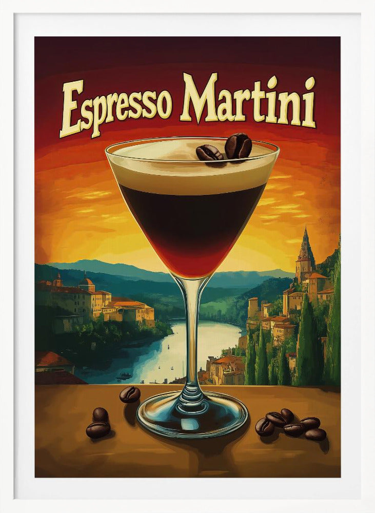 A vintage-style poster advertising an 'Espresso Martini'. In the foreground, a martini glass filled with the dark cocktail is garnished with coffee beans. The background features a scenic European landscape with a river and village against a vibrant orange and red sunset sky. Poster
