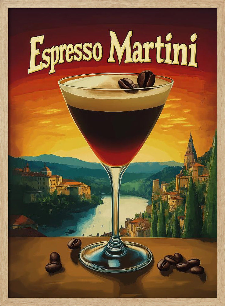 A vintage-style poster advertising an 'Espresso Martini'. In the foreground, a martini glass filled with the dark cocktail is garnished with coffee beans. The background features a scenic European landscape with a river and village against a vibrant orange and red sunset sky. Poster