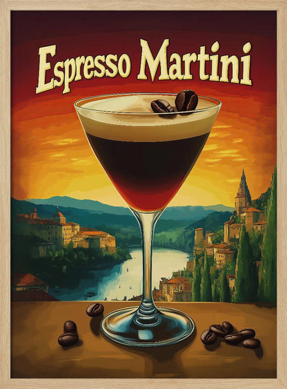 A vintage-style poster advertising an 'Espresso Martini'. In the foreground, a martini glass filled with the dark cocktail is garnished with coffee beans. The background features a scenic European landscape with a river and village against a vibrant orange and red sunset sky. Poster