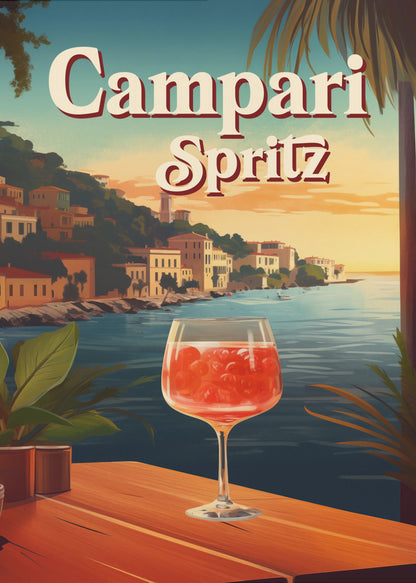 A vintage-style travel poster advertising a Campari Spritz. In the foreground, a wine glass filled with the bright red cocktail sits on a wooden table overlooking a scenic Italian coastal town at sunset. The words 'Campari Spritz' are written in large, stylized font at the top. Poster