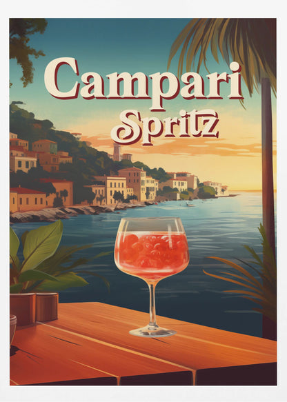 A vintage-style travel poster advertising a Campari Spritz. In the foreground, a wine glass filled with the bright red cocktail sits on a wooden table overlooking a scenic Italian coastal town at sunset. The words 'Campari Spritz' are written in large, stylized font at the top. Poster