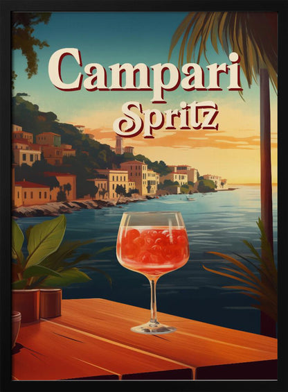 A vintage-style travel poster advertising a Campari Spritz. In the foreground, a wine glass filled with the bright red cocktail sits on a wooden table overlooking a scenic Italian coastal town at sunset. The words 'Campari Spritz' are written in large, stylized font at the top. Poster