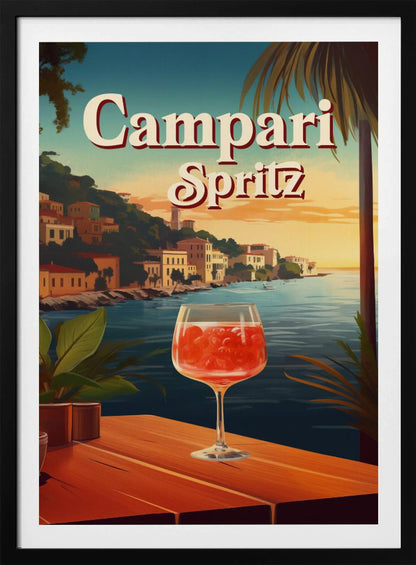 A vintage-style travel poster advertising a Campari Spritz. In the foreground, a wine glass filled with the bright red cocktail sits on a wooden table overlooking a scenic Italian coastal town at sunset. The words 'Campari Spritz' are written in large, stylized font at the top. Poster