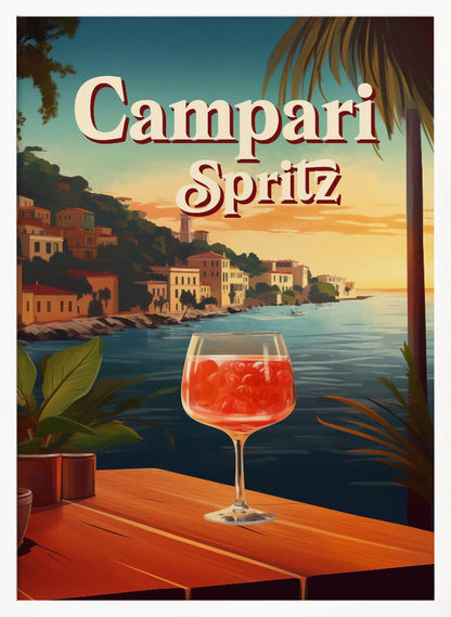 A vintage-style travel poster advertising a Campari Spritz. In the foreground, a wine glass filled with the bright red cocktail sits on a wooden table overlooking a scenic Italian coastal town at sunset. The words 'Campari Spritz' are written in large, stylized font at the top. Poster