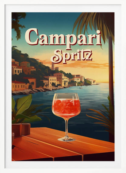 A vintage-style travel poster advertising a Campari Spritz. In the foreground, a wine glass filled with the bright red cocktail sits on a wooden table overlooking a scenic Italian coastal town at sunset. The words 'Campari Spritz' are written in large, stylized font at the top. Poster