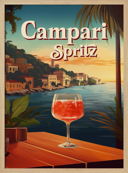 A vintage-style travel poster advertising a Campari Spritz. In the foreground, a wine glass filled with the bright red cocktail sits on a wooden table overlooking a scenic Italian coastal town at sunset. The words 'Campari Spritz' are written in large, stylized font at the top. Poster