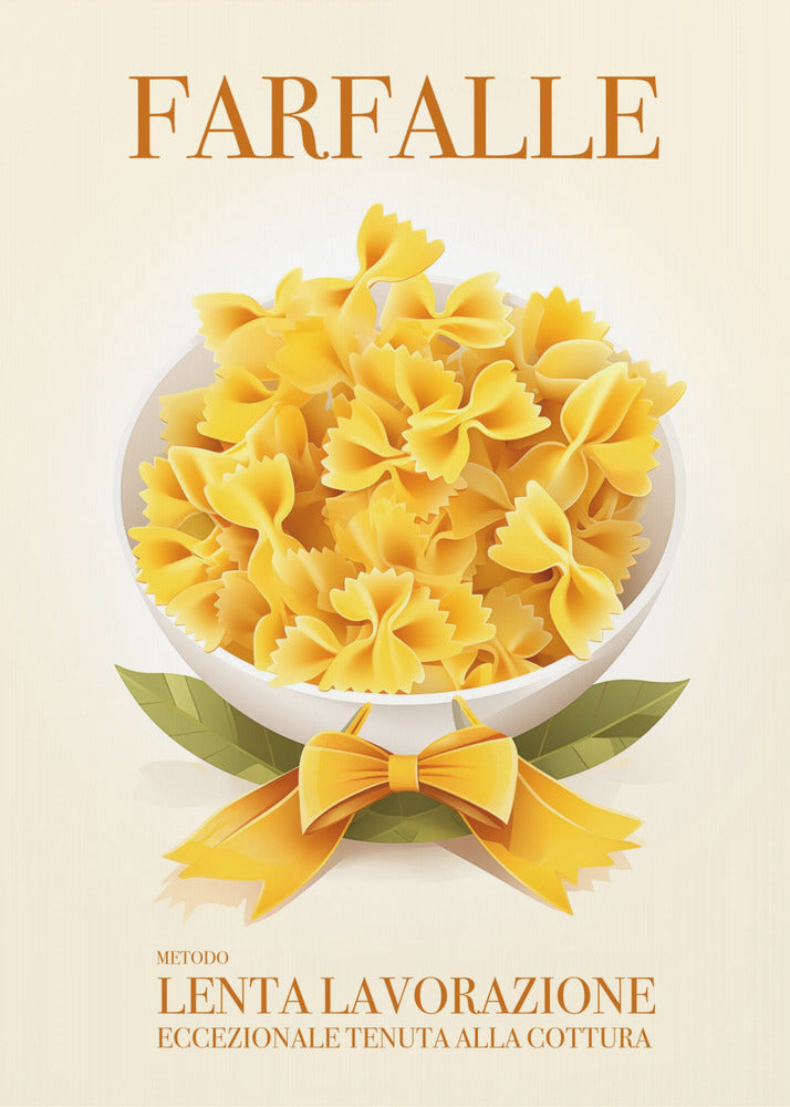 A vintage-style Italian food poster for farfalle pasta. The artwork features a full white bowl of yellow bow-tie pasta on a cream background, with green leaves and a yellow ribbon tied in a bow at its base. The word 'FARFALLE' is printed at the top in orange. Wall Art