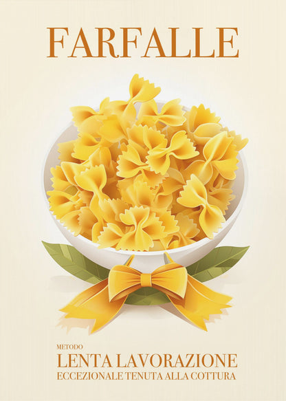 A vintage-style Italian food poster for farfalle pasta. The artwork features a full white bowl of yellow bow-tie pasta on a cream background, with green leaves and a yellow ribbon tied in a bow at its base. The word 'FARFALLE' is printed at the top in orange. Wall Art