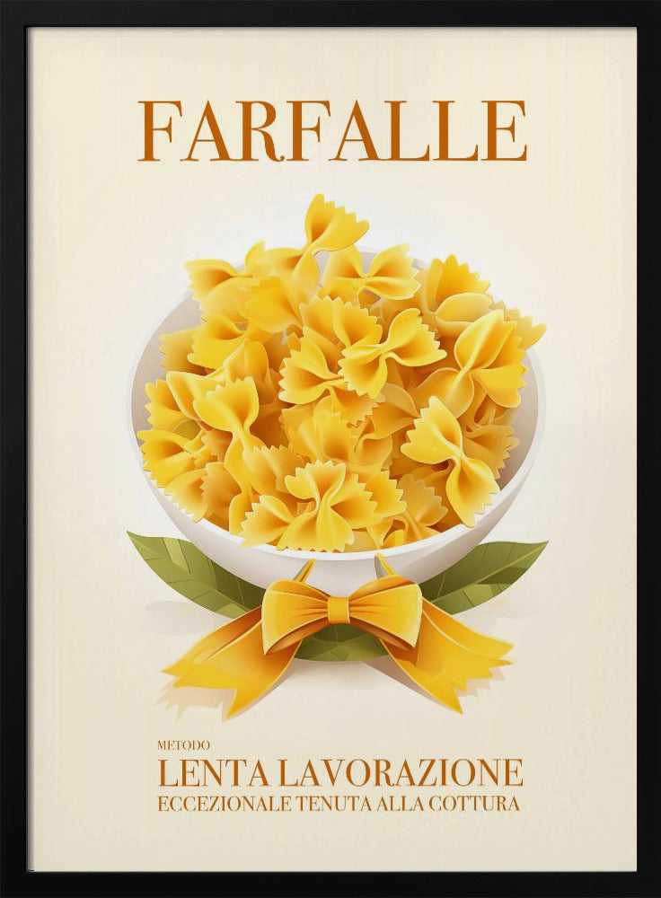 A vintage-style Italian food poster for farfalle pasta. The artwork features a full white bowl of yellow bow-tie pasta on a cream background, with green leaves and a yellow ribbon tied in a bow at its base. The word 'FARFALLE' is printed at the top in orange. Wall Art