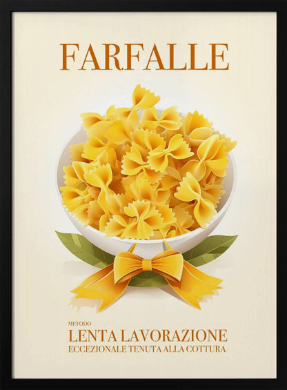 A vintage-style Italian food poster for farfalle pasta. The artwork features a full white bowl of yellow bow-tie pasta on a cream background, with green leaves and a yellow ribbon tied in a bow at its base. The word 'FARFALLE' is printed at the top in orange. Wall Art