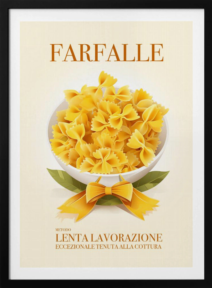 A vintage-style Italian food poster for farfalle pasta. The artwork features a full white bowl of yellow bow-tie pasta on a cream background, with green leaves and a yellow ribbon tied in a bow at its base. The word 'FARFALLE' is printed at the top in orange. Wall Art
