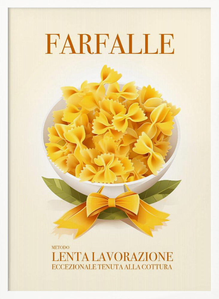 A vintage-style Italian food poster for farfalle pasta. The artwork features a full white bowl of yellow bow-tie pasta on a cream background, with green leaves and a yellow ribbon tied in a bow at its base. The word 'FARFALLE' is printed at the top in orange. Wall Art