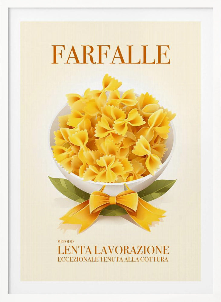 A vintage-style Italian food poster for farfalle pasta. The artwork features a full white bowl of yellow bow-tie pasta on a cream background, with green leaves and a yellow ribbon tied in a bow at its base. The word 'FARFALLE' is printed at the top in orange. Wall Art