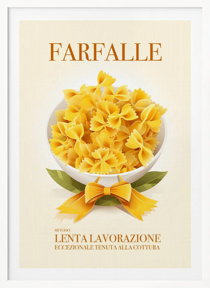 A vintage-style Italian food poster for farfalle pasta. The artwork features a full white bowl of yellow bow-tie pasta on a cream background, with green leaves and a yellow ribbon tied in a bow at its base. The word 'FARFALLE' is printed at the top in orange. Wall Art