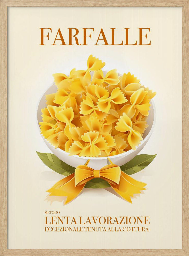 A vintage-style Italian food poster for farfalle pasta. The artwork features a full white bowl of yellow bow-tie pasta on a cream background, with green leaves and a yellow ribbon tied in a bow at its base. The word 'FARFALLE' is printed at the top in orange. Wall Art