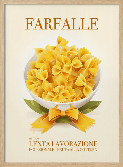 A vintage-style Italian food poster for farfalle pasta. The artwork features a full white bowl of yellow bow-tie pasta on a cream background, with green leaves and a yellow ribbon tied in a bow at its base. The word 'FARFALLE' is printed at the top in orange. Wall Art