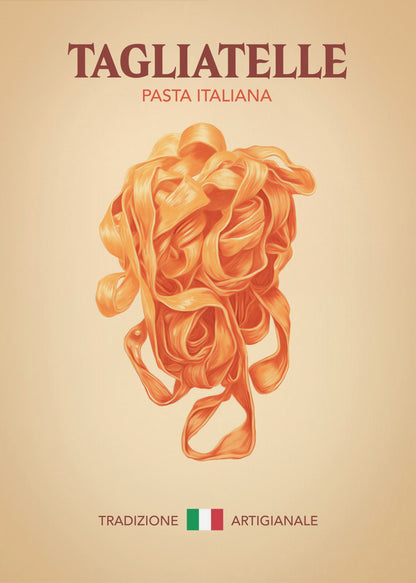 A vintage-style poster advertising Italian pasta, featuring a detailed illustration of a nest of orange tagliatelle against a light beige background. The poster includes the text 'TAGLIATELLE PASTA ITALIANA' at the top and 'TRADIZIONE ARTIGIANALE' with an Italian flag at the bottom. Wall Art