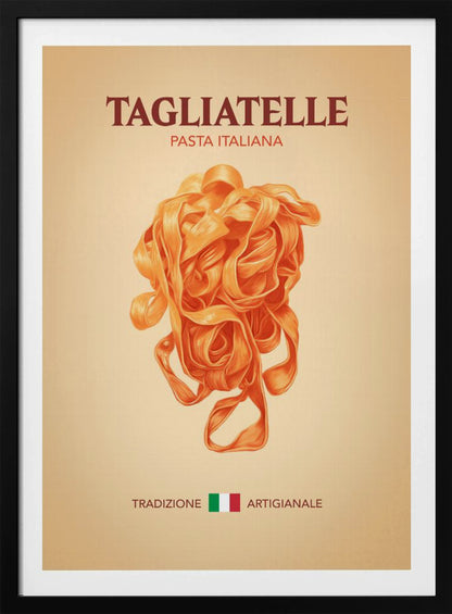 A vintage-style poster advertising Italian pasta, featuring a detailed illustration of a nest of orange tagliatelle against a light beige background. The poster includes the text 'TAGLIATELLE PASTA ITALIANA' at the top and 'TRADIZIONE ARTIGIANALE' with an Italian flag at the bottom. Wall Art