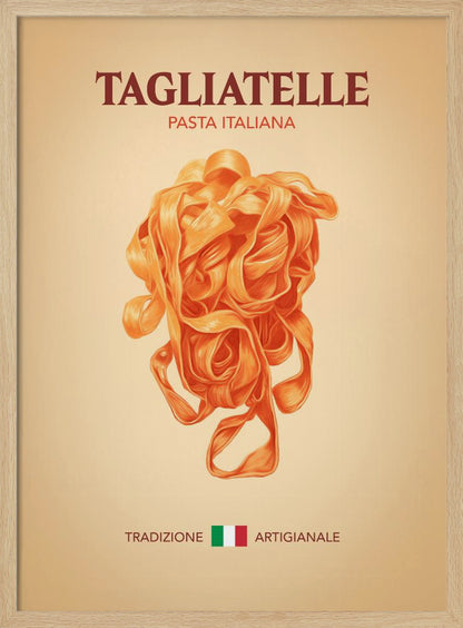 A vintage-style poster advertising Italian pasta, featuring a detailed illustration of a nest of orange tagliatelle against a light beige background. The poster includes the text 'TAGLIATELLE PASTA ITALIANA' at the top and 'TRADIZIONE ARTIGIANALE' with an Italian flag at the bottom. Wall Art