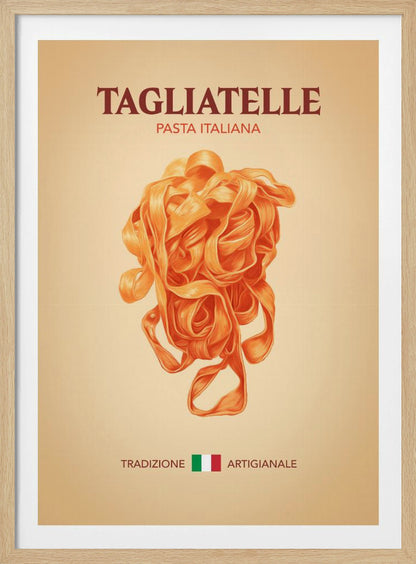 A vintage-style poster advertising Italian pasta, featuring a detailed illustration of a nest of orange tagliatelle against a light beige background. The poster includes the text 'TAGLIATELLE PASTA ITALIANA' at the top and 'TRADIZIONE ARTIGIANALE' with an Italian flag at the bottom. Wall Art
