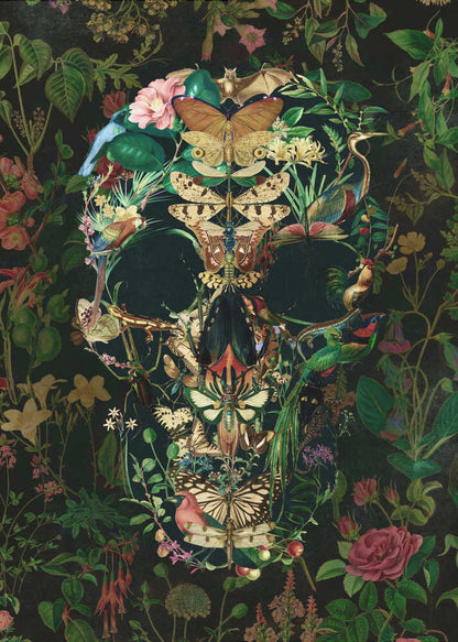 An intricate artwork of a human skull formed entirely from a collage of colorful flora and fauna, including butterflies, birds, insects, and flowers, set against a dark, dense botanical background. Wall Art