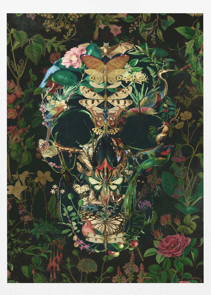 An intricate artwork of a human skull formed entirely from a collage of colorful flora and fauna, including butterflies, birds, insects, and flowers, set against a dark, dense botanical background. Wall Art