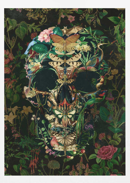 An intricate artwork of a human skull formed entirely from a collage of colorful flora and fauna, including butterflies, birds, insects, and flowers, set against a dark, dense botanical background. Wall Art