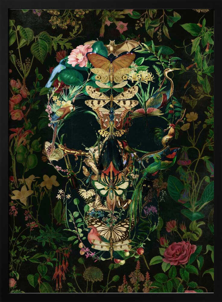 An intricate artwork of a human skull formed entirely from a collage of colorful flora and fauna, including butterflies, birds, insects, and flowers, set against a dark, dense botanical background. Wall Art