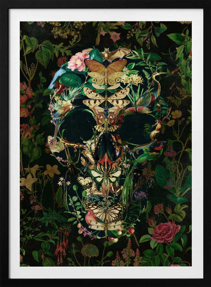 An intricate artwork of a human skull formed entirely from a collage of colorful flora and fauna, including butterflies, birds, insects, and flowers, set against a dark, dense botanical background. Wall Art