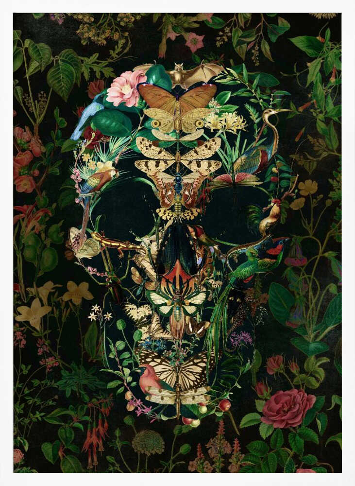 An intricate artwork of a human skull formed entirely from a collage of colorful flora and fauna, including butterflies, birds, insects, and flowers, set against a dark, dense botanical background. Wall Art