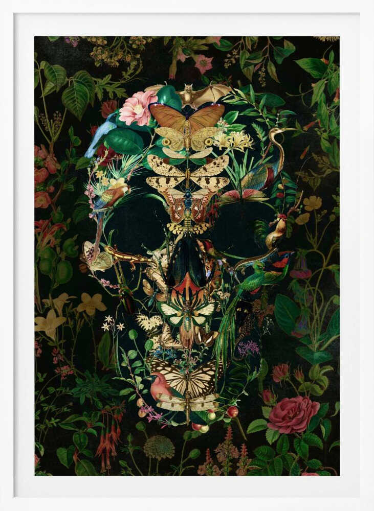 An intricate artwork of a human skull formed entirely from a collage of colorful flora and fauna, including butterflies, birds, insects, and flowers, set against a dark, dense botanical background. Wall Art