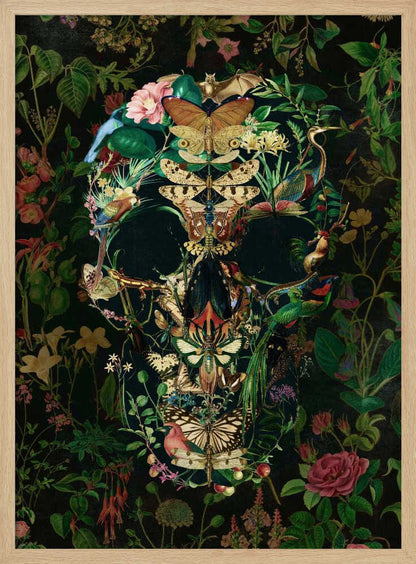 An intricate artwork of a human skull formed entirely from a collage of colorful flora and fauna, including butterflies, birds, insects, and flowers, set against a dark, dense botanical background. Wall Art