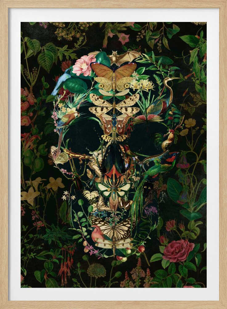 An intricate artwork of a human skull formed entirely from a collage of colorful flora and fauna, including butterflies, birds, insects, and flowers, set against a dark, dense botanical background. Wall Art